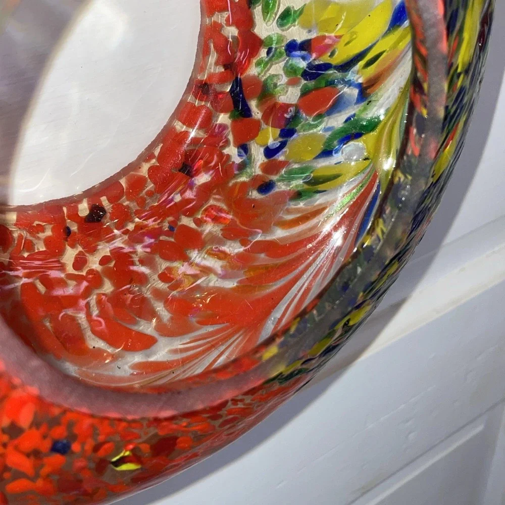 Designer Circular Doughnut‎ Hanging Art Speckled Glass Bird Feeder Hand Blown